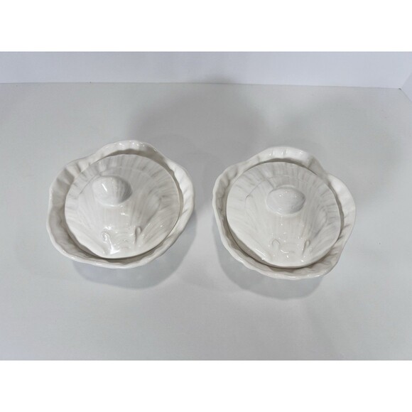VTG OLFAIRE Portugal White Ceramic Shell Lidded Bowls Set Of 2- Coastal‎ Cottage - Picture 3 of 15